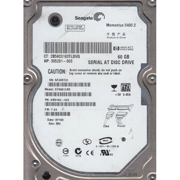 ST96812AS, 5PJ, WU, PN 9W3182-022, FW 7.24, Seagate 60GB SATA 2.5 Hard Drive