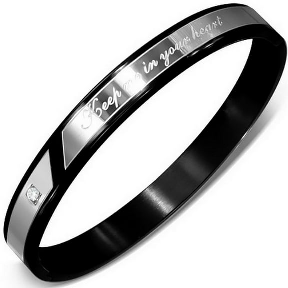 Stainless Steel Black Blue Silver-Tone Engraving Keep Me in Your Heart Unisex Bangle Bracelet