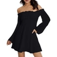 thumbnail image 4 of Laqbezok Women's Off Shoulder Ruffle Mini Dress, Long Lantern Sleeve Smocked Waist Sundress, Solid Color Casual A-Line Dress for Party Club, 4 of 8