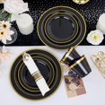thumbnail image 6 of 350 Pieces Black and Gold Plastic Plates with Disposable Silverware, Include 50 Dinner Plates 9”, 50 Dessert Plates 6.3”, 50 Gold Rim Black Cups 9 OZ, 50 Pre Rolled Napkins Packed in, 6 of 16