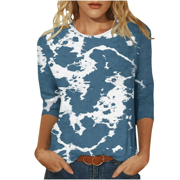 Fesfesfes Womens Short Sleeve Tees Women's Fashion Printed T-shirt Mid-length 3/4 Sleeves Blouse Round Neck Casual Tops Shirt 10(XL)