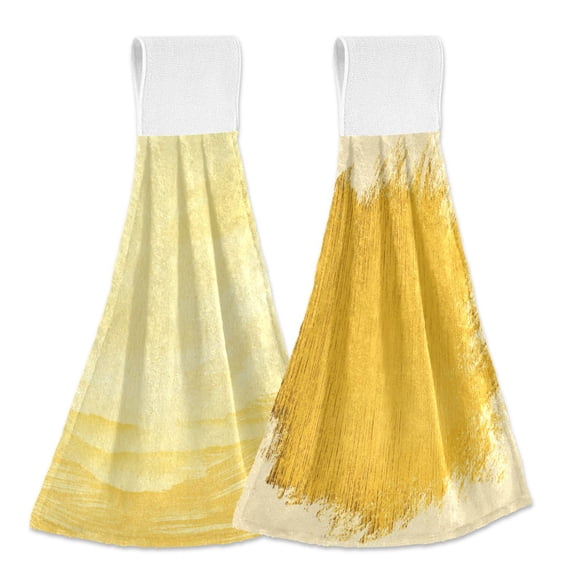 IAUYY Kitchen Hanging Towels Set of 2 100% Polyester Absorbent, Super Soft Hand Towels with Hanging Loops for Bathroom Kitchen Yellow Watercolor Background Woodblock Prints