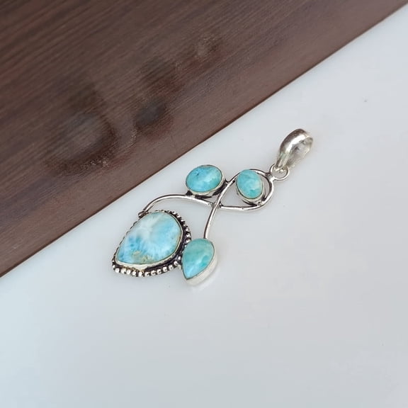 Natural Larimar Gemstone Pendant 925 Sterling Silver Handmade Jewelry 2.67"