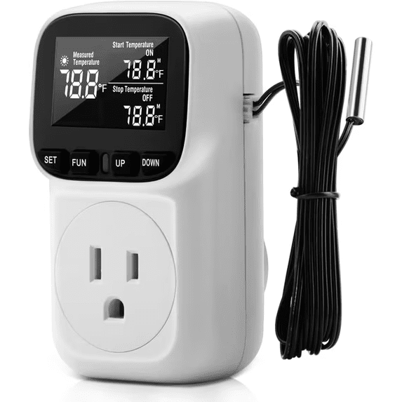 Wechmart Digital Plug in Thermostat Outlet 120V Heating Cooling Control 110V 15A Celsius Fahrenheit Display,for Greenhouse US Plug