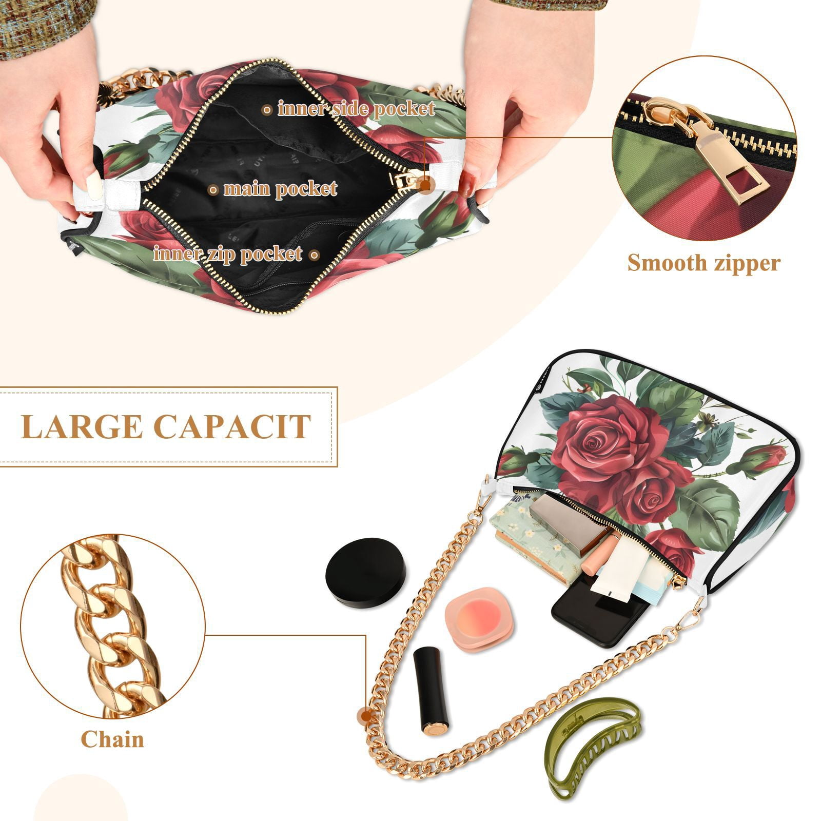 Red Roses Green Leaves FlowersWomen Small Shoulder Bag Crossbody Tote Hobo Bags Purse Clutch Handbags with Chain Strap for Women