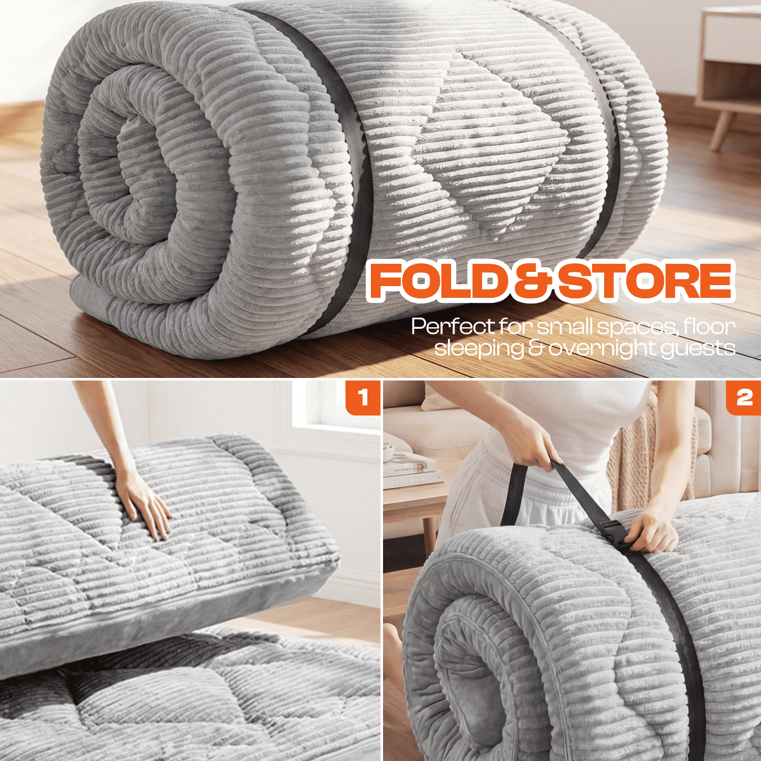 Japanese Futon Mattress, 6 Inch Double Layer Corduroy Floor Bed with High-Density Foam, Foldable Tatami Mat for Sleeping, Portable Guest Bed for Adults Kids Camping, Gray, Full Size