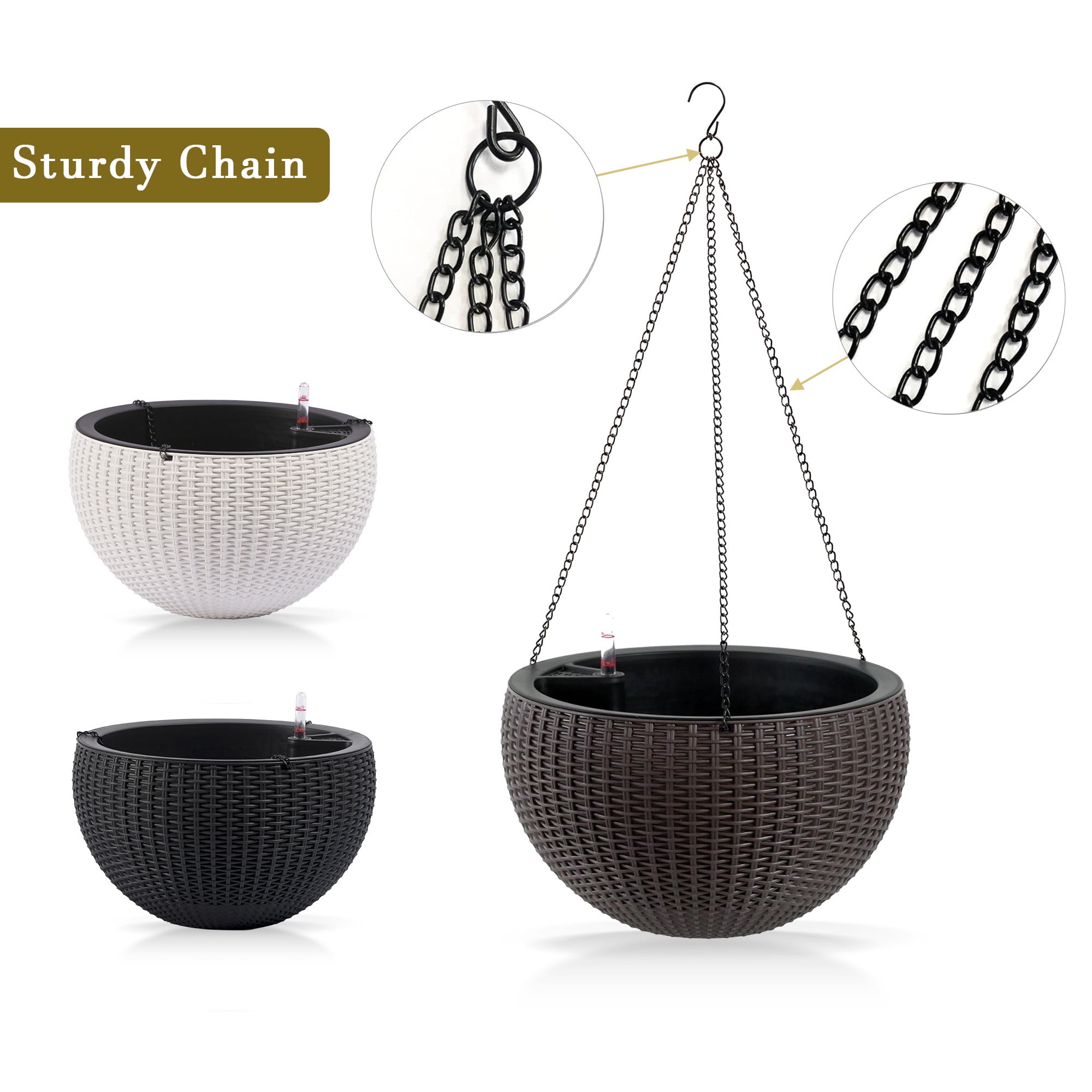 Fehomix Self-Watering Hanging Planter 13.4 Inch 2-Pack, Large Brown Rattan Plant Pots with Water Level Indicator, Root Rot Resistant for Indoor Outdoor Garden Balcony