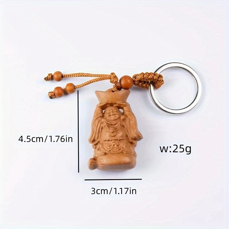 Men's Nature Mahogany Carving Key Ring, Details of the Buddha Stature Design, Business Style -DURable Wood and Metal Ring Accessories, Wealth Symbols | Spiri Tual Embellishment | Unique Key Ring