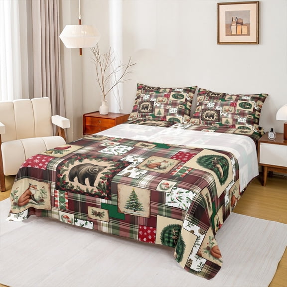 Manfei Cute Bear Fox King Sheet Set,Jungle Wildlife Deer Xmas Flower,Luxury Decor For Kids,4-Piece