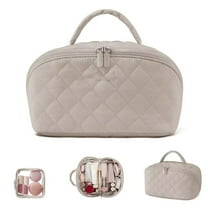 Makeup Bag for Woman, Wide Open Lay-Flat Water-Resistant Cosmetic Case, Festivalment Makeup Bag, Spacious 180° Open Cosmetic Organizer for Toiletries & Brushes Large Capacity with Compartments(Khaki)