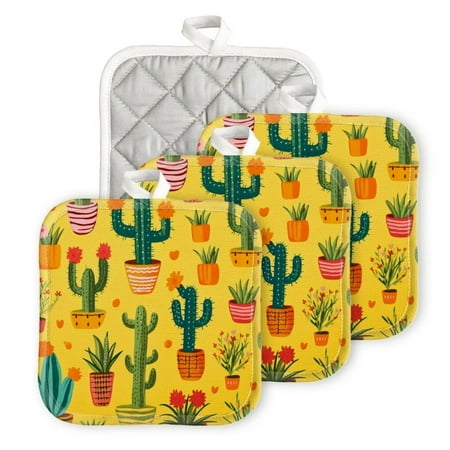 

Bahomeck Pot Holder 4Pcs Cute Cacti And Succulents In Pots Vibrant Yellow Background Square Heat Resistant Hot Pads For Kitchen Cooking Oven With Hanging Loop Potholder Easy To Store