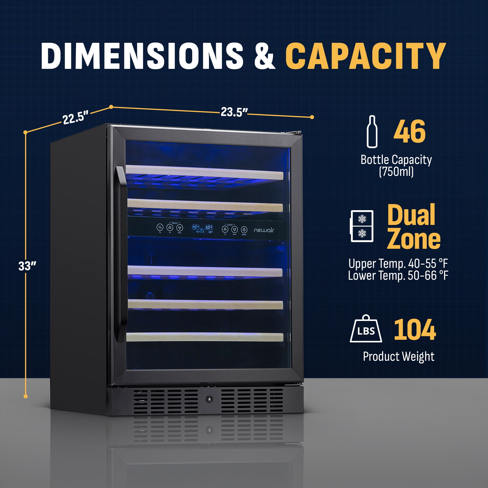Newair 24-inch 46 Bottle Wine Cooler Refrigerator, Built-in Dual Zone Wine Fridge in Black Stainless Steel for Home, Office or Bar