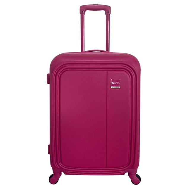 maleta rigida badu llantas spinner rosa Peak Tour 24" con carcasa ABS texturizada, asa telescópica de aluminio extendida, 4 llantas dobles spinner 360°, asa superior, candado de combinación programable, interior con organizador y sujetador elástico; también suele usarse para transportar equipo compacto en viajes.