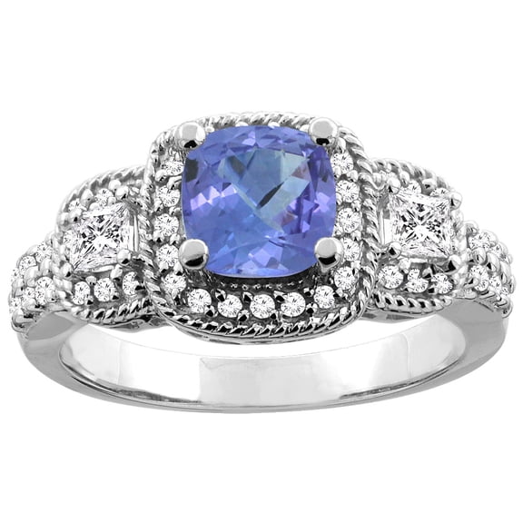 14K White Gold Natural Tanzanite Ring Cushion-cut 6x6 mm Diamond Accent, size 9.5