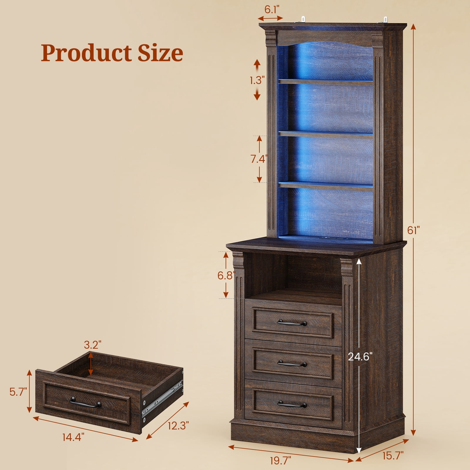 61" Tall Nightstand Set of 2 with Charging Station and LED Lights, End Table with 3 Adjustable Shelves and 3 Drawers, Roman Column Design, Retro Brown
