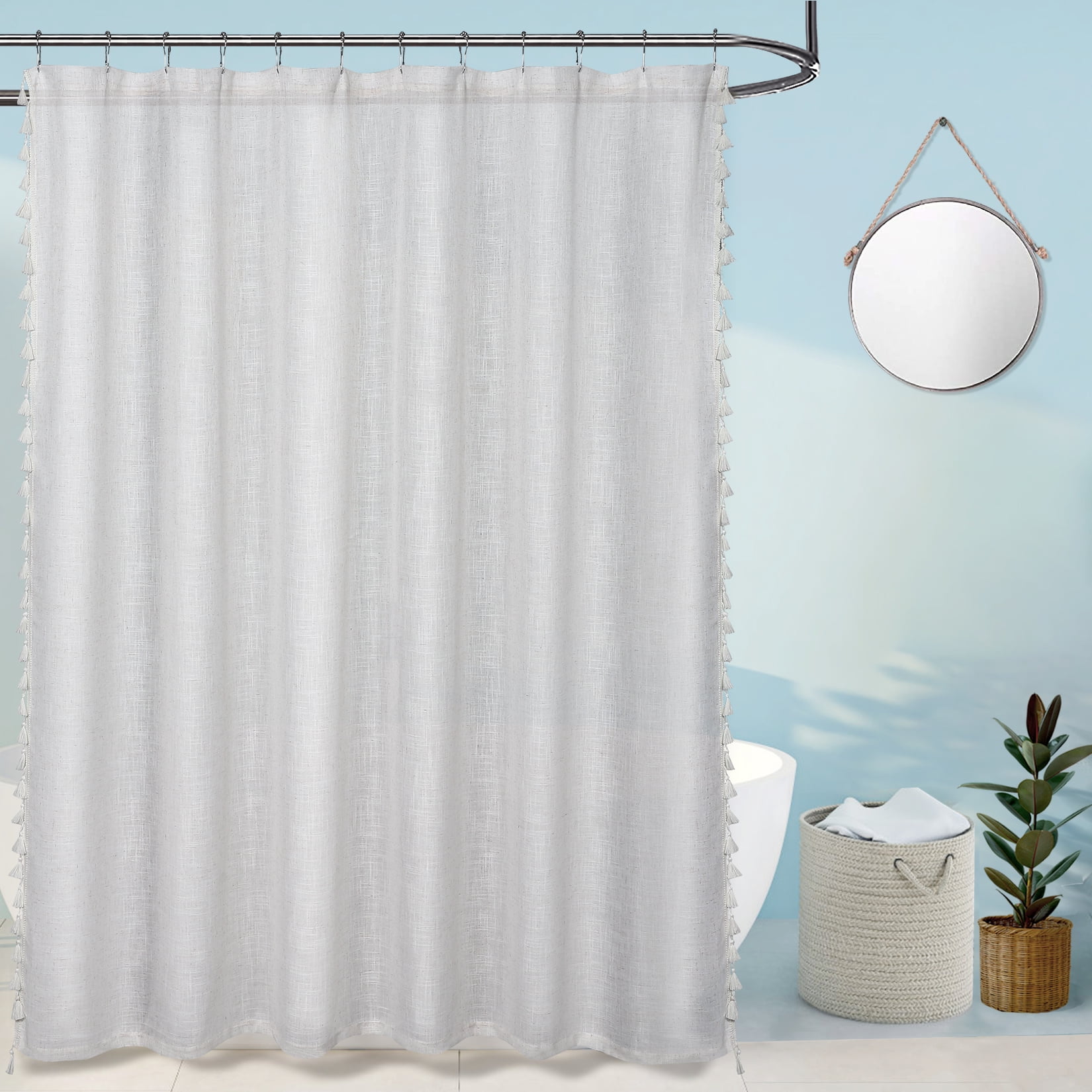 Haperlare Tassels Shower Curtain 72 inch Boho Rustic French Country Linen Blend Fabric Blackout