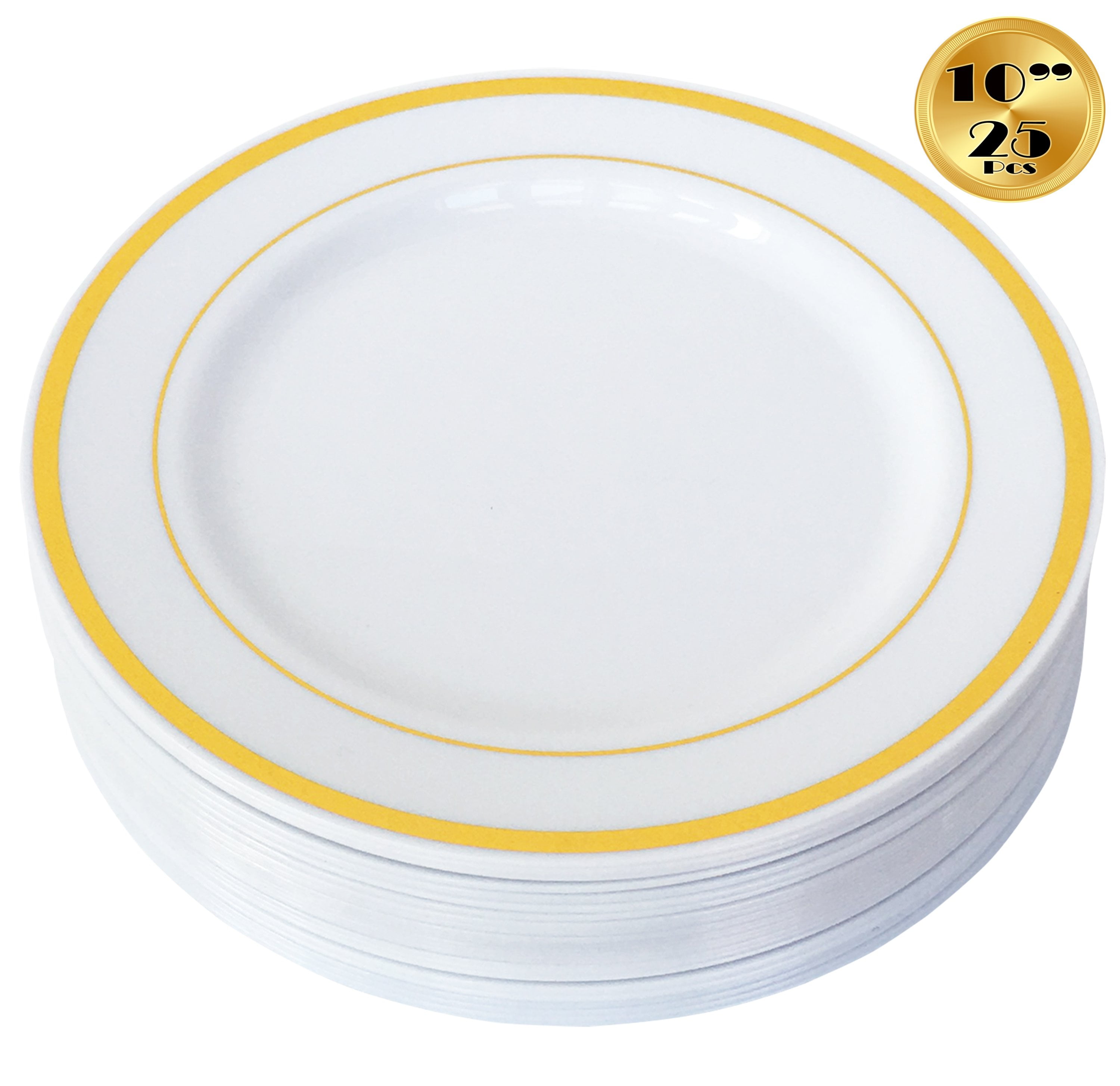 JL Prime 25 Piece 10 Inch Gold Plastic Dinner Plates Bulk Set, Heavy