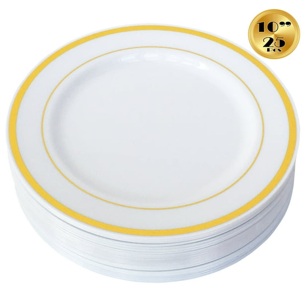 JL Prime 25 Piece 10 Inch Gold Plastic Dinner Plates Bulk Set, Heavy