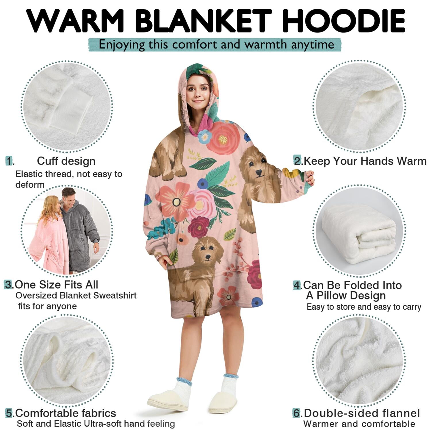 Wearable Oversized Blanket,Dogs with Flowers Wearable Blanket Hoodie for Adults,Cozy Hooded Blankets with Super Pockets,Super Warm Fuzzy Pullover for Women & Men