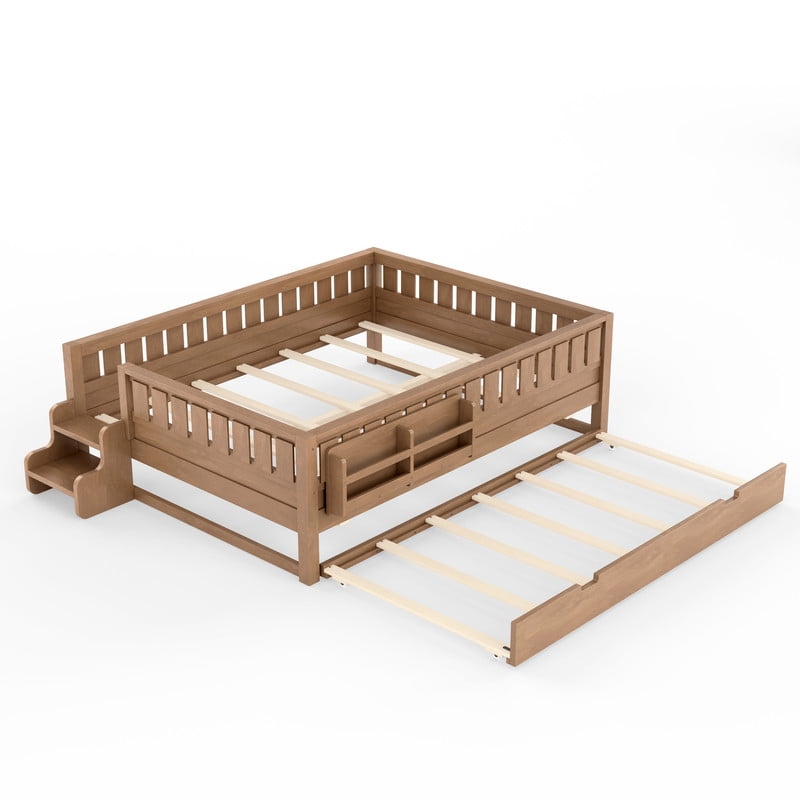 URTR Queen Bed with Rail and Bookshelf, Queen Size Wooden Montessori Floor Bed with Small Stairs and Trundle, Queen Size Platform Bed Frame, No Box Spring Needed, Natural