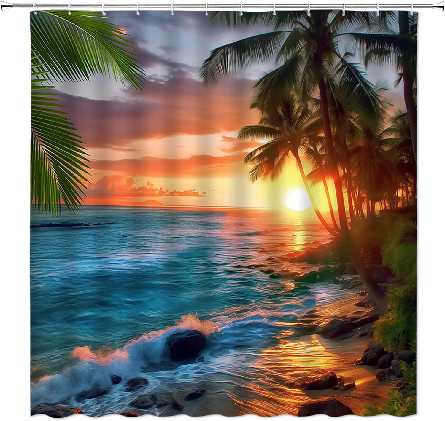 Ocean Sunset Shower Curtain Tropical Palm Tree Sea Waves Sunset Sunrise Blue Orange Hawaii Nature Scenery Landscape Fabric Bathroom Decor Curtain with Plastic hookss