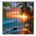 thumbnail image 2 of Ocean Sunset Shower Curtain Tropical Palm Tree Sea Waves Sunset Sunrise Blue Orange Hawaii Nature Scenery Landscape Fabric Bathroom Decor Curtain with Plastic hookss, 2 of 3