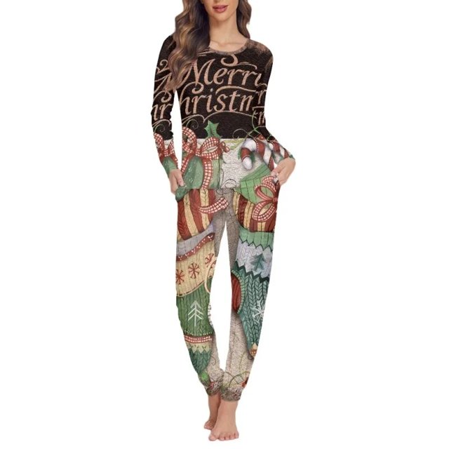 Conjunto de pijama de diseño navideño para mujer, ropa de dormir femenina de manga larga, traje de dormir informal que combina con todo, ropa de casa con estampado a pedido