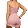 thumbnail image 4 of Tnhcen Women's Solid Color Sleepwear Set V-Neck Lace Trim Tank + Bow Ruffle Shorts Pajama Set Soft Polyester-Spandex Homewear for S to XL, 4 of 5