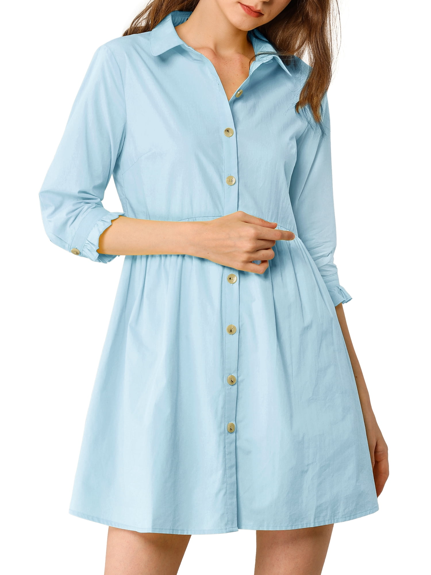 Allegra K Women's 3/4 Sleeve Button Front Flare Mini Shirt Dress