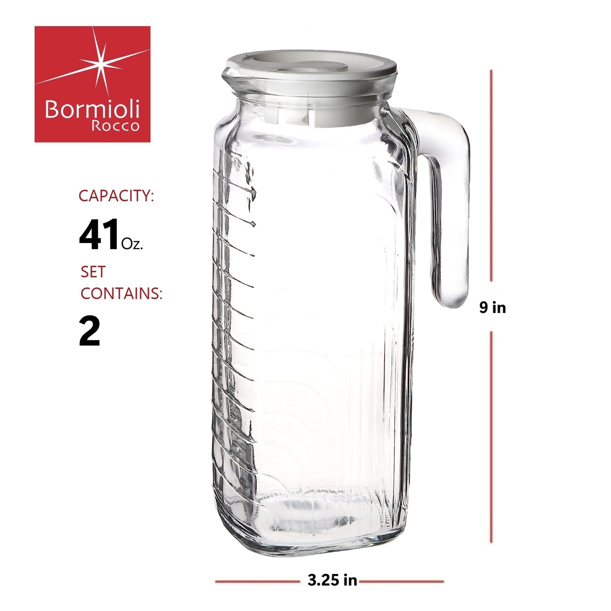 Bormioli Rocco Gelo Set of 2, Glass pitcher, 33.75 Oz. Carafe with Lid, for Homemade Juice, Iced Tea, Cold Brew, Dishwasher Safe Jug, Made in Italy (white)