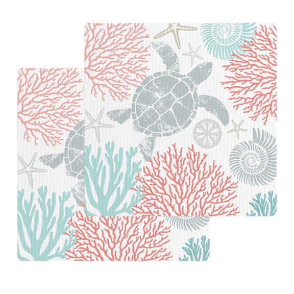 Teal Red Coastal Turtle Kitchen Dish Towels for Drying Dishes Set of 2, Ocean Coral Nautical Waffle Weave Microfiber Hand Tea Bathroom Towels Quick Dry & Absorbent Towel 12x12
