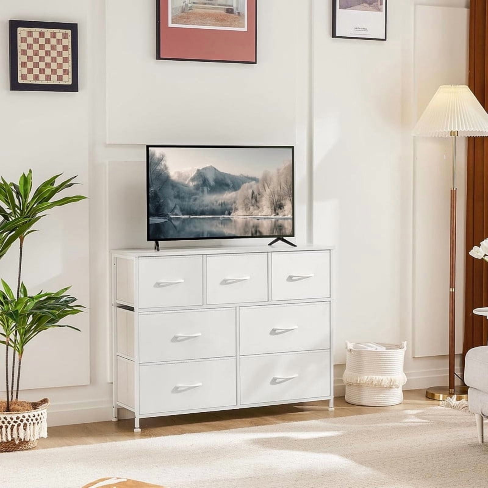 Kelno 7 Drawer Dresser Fabric Chest of Drawers Storage Organizer Wood Top Surface for TV, White