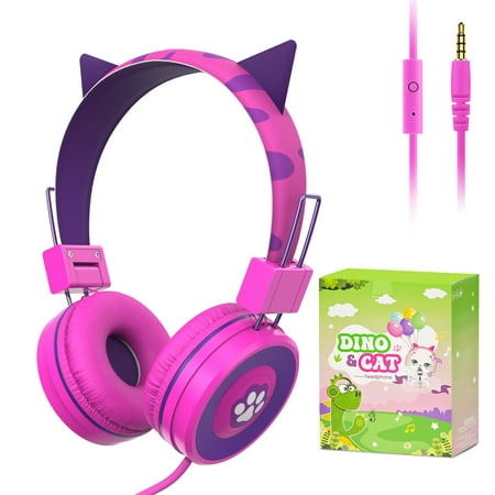 QearFun Cat Headphones for Girls Kids for School,Kids Wired Headphones with Microphone & 3.5mm Jack,Teens Toddlers Noise Cancelling Headphone with Adjustable Headband for Tablet/Smartphones-Purple