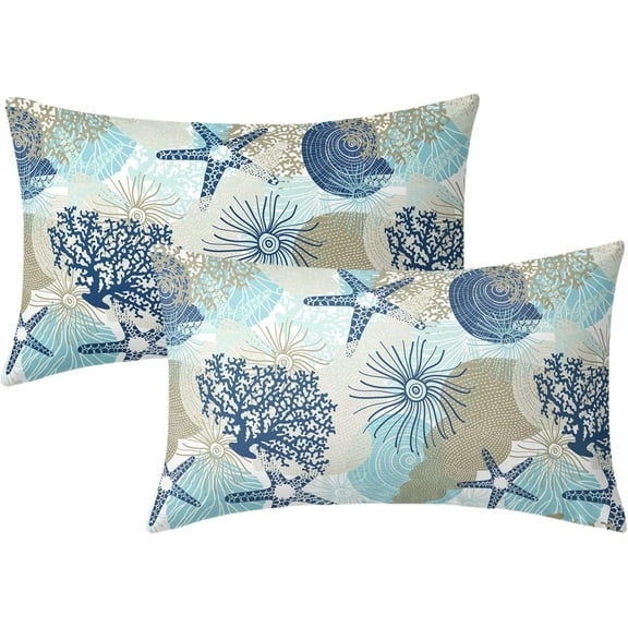 Nautical Coastal Pillow Covers 12X20 in Beach Ocean Themed Decorative Lumbar Bed Pillow Cases Set of 2 Starfish Seashell Throw Pillows Home Decor for Living Room Bedroom Bed Cushion Outdoor