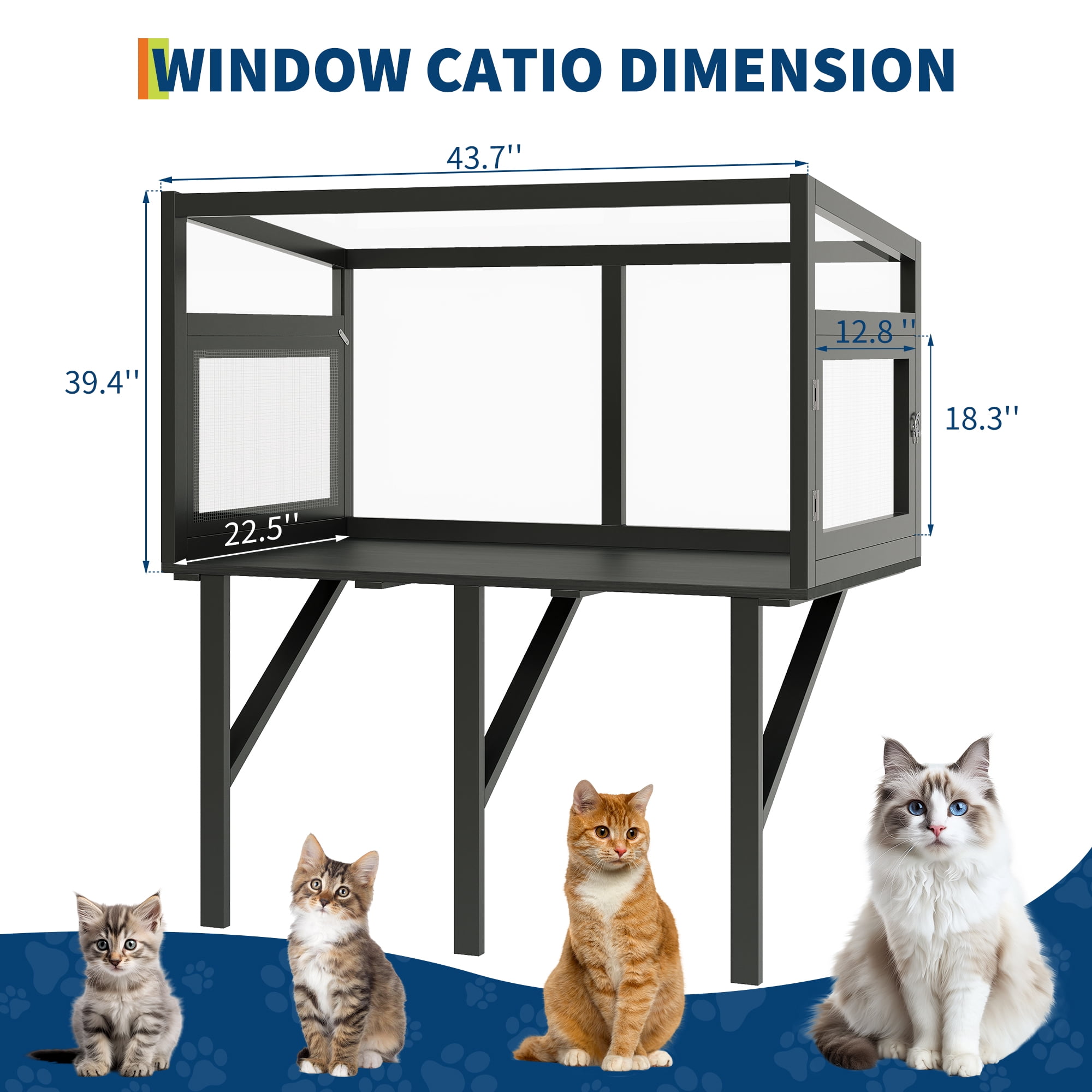Weatherproof Cat Window Box Enclosure for Indoor Cats, Clear View Outdoor Cat House, Sturdy Wooden Window Perch for Sunbathing & Birdwatching, Fits 24"-38" Windows, Black