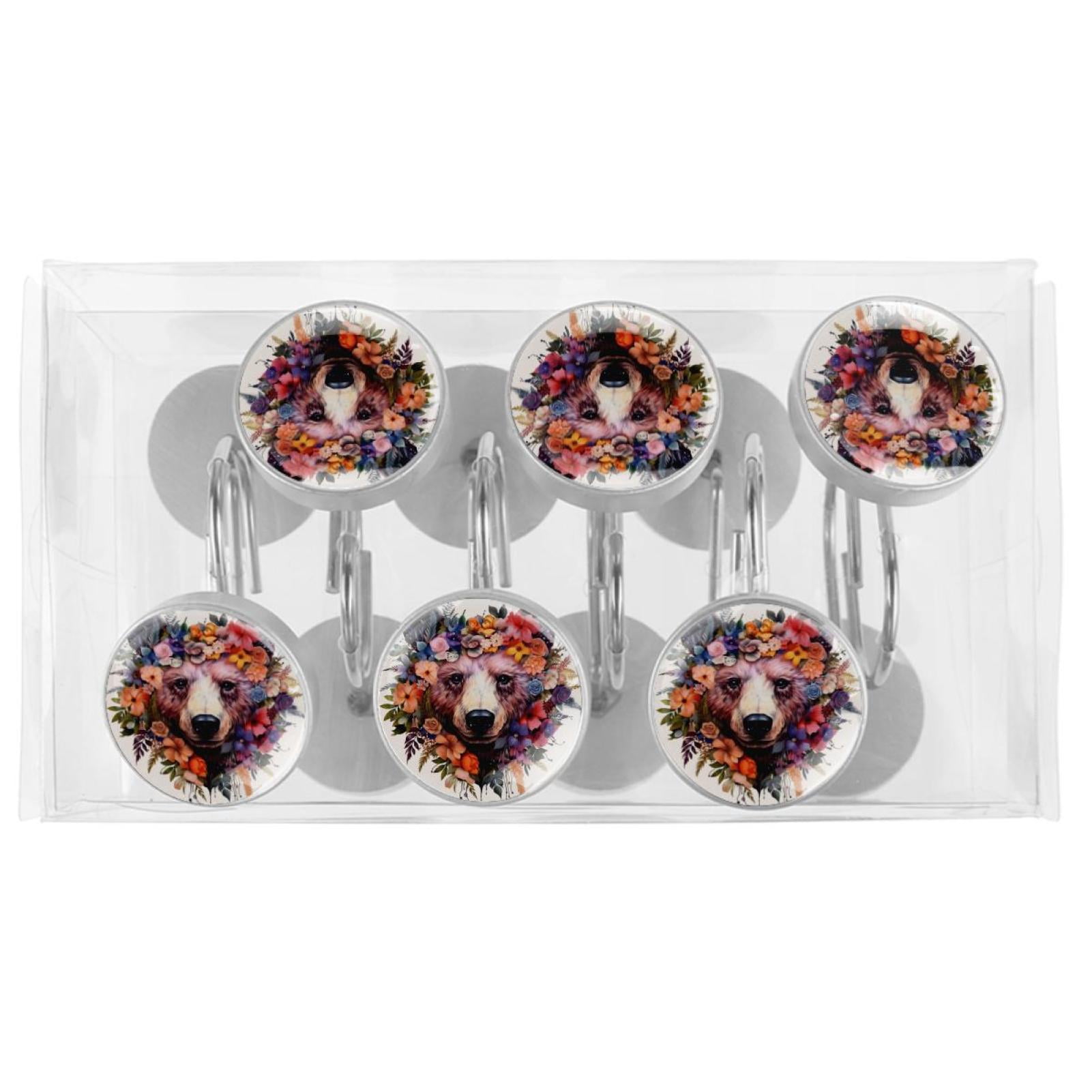 Flower Bear Shower Curtain Hooks （Set of 12） for Home Hotel Shower Rods Bathroom Crystal Glass Print Stainless Steel Round Curtain Hooks