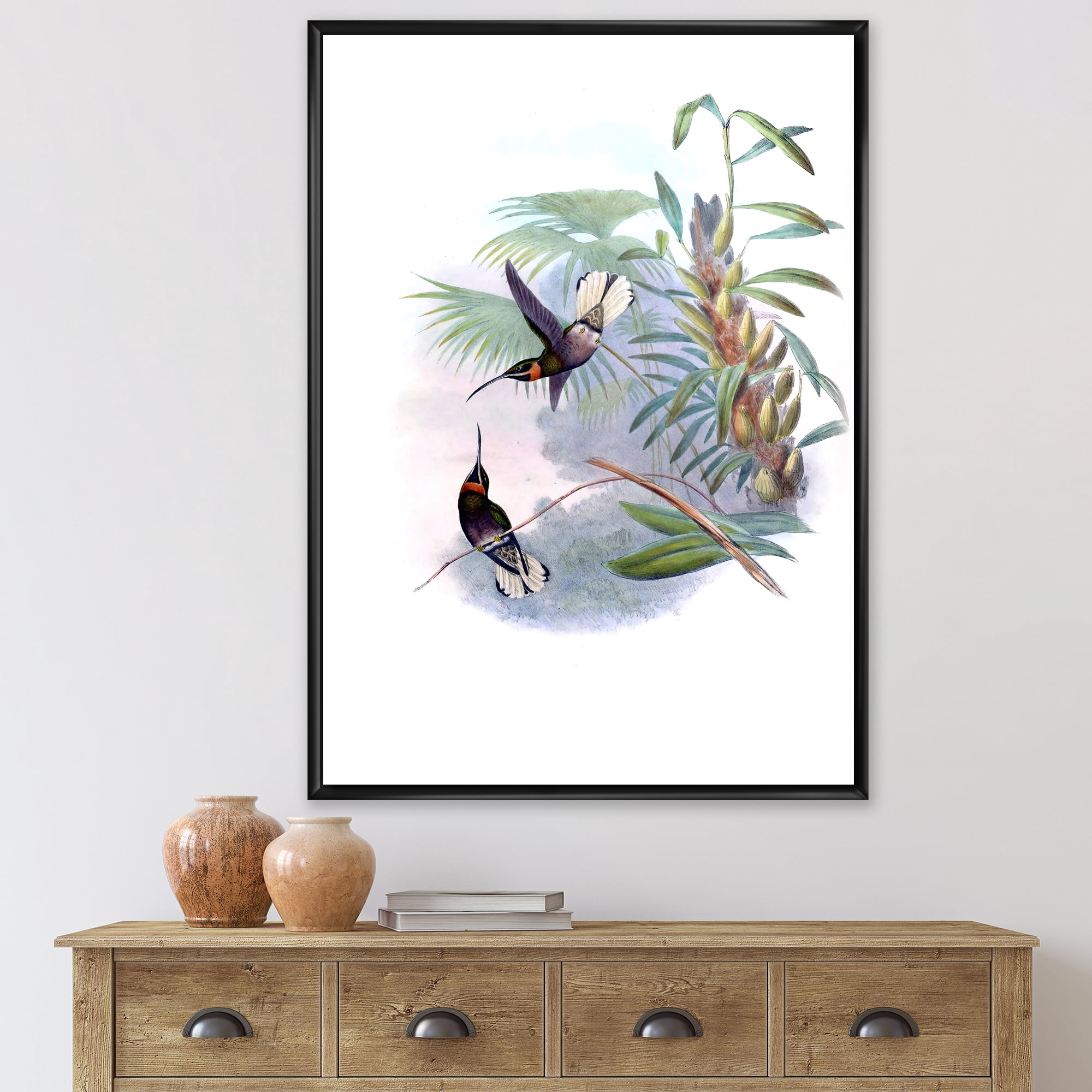 Designart 'Ancient Hummingbird On A Branch' Traditional Framed Canvas Wall Art Print