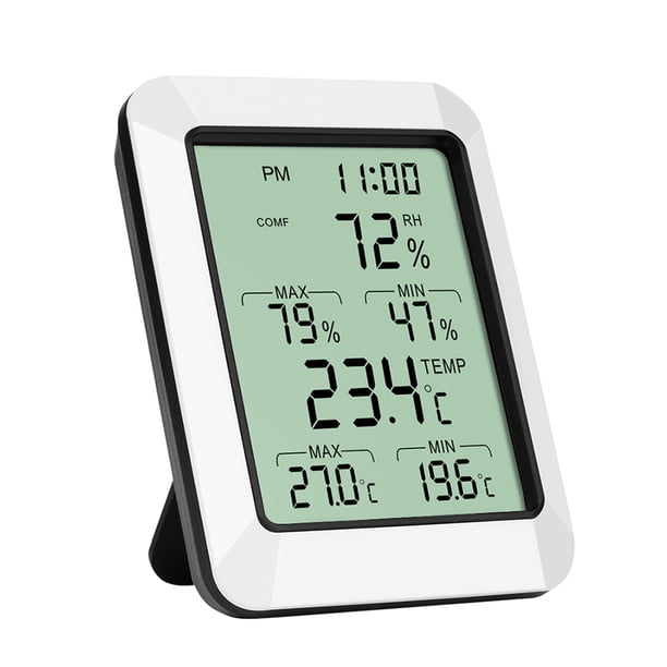 higrotermógrafo Irfora Termohigrómetro LCD de 3,9 pulgadas Medidor digital de temperatura y humedad con pantalla de valor mínimo máximo Termómetro e higrómetro 2 en 1 Reloj despertador Monitor de hume Irfora higrotermógrafo