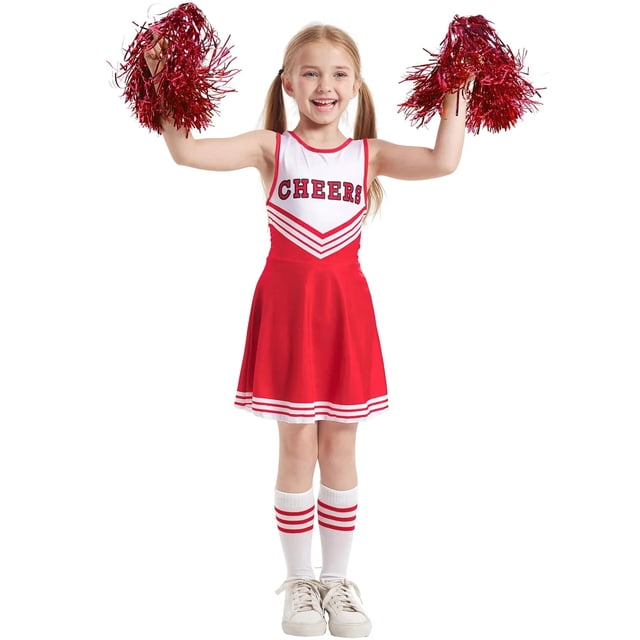 Costume de Cheerleader pour Filles Enfants Compétition Scolaire Imprimé Lettre Uniforme de Danse Pompons Chaussette Cosplay Robe de Fête Carnaval Halloween