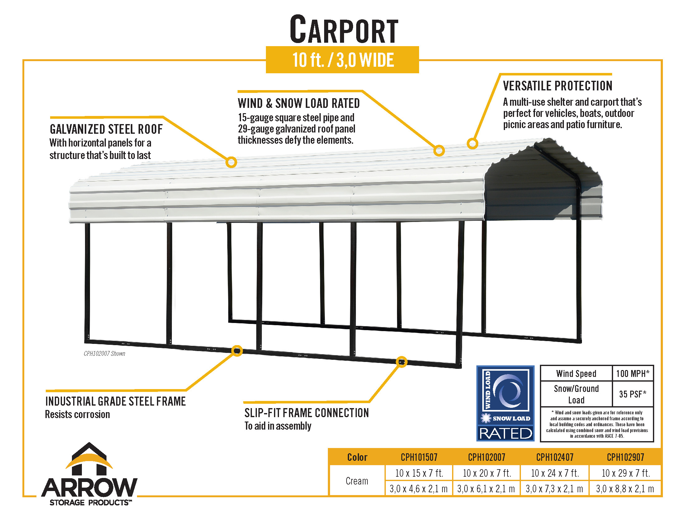 Arrow Galvanized Steel Carport, 10 x 15 x 7 ft, Black/Eggshell - image 13 of 17