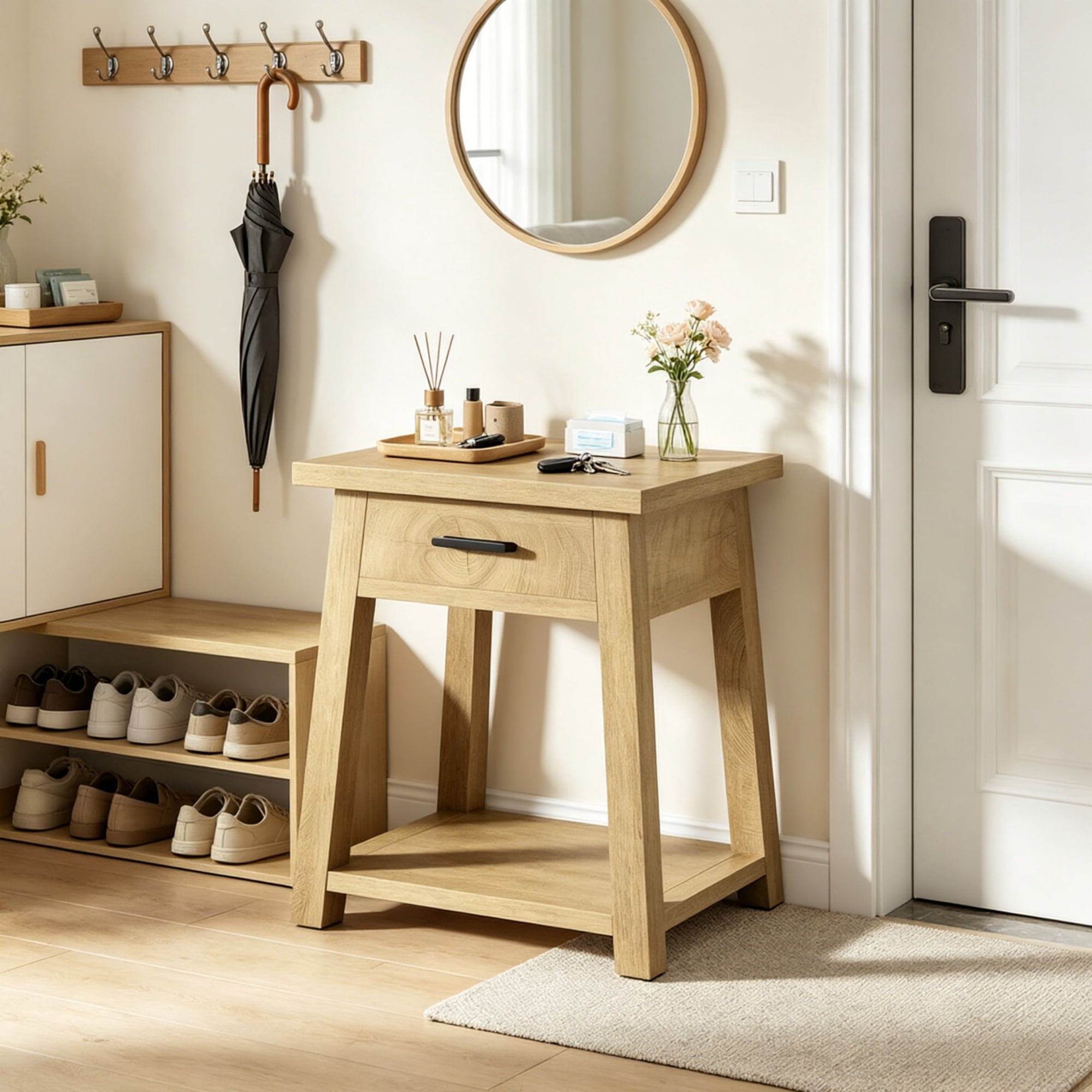2 Tier End Table with Drawer Wooden Side Table with Shelf Storage