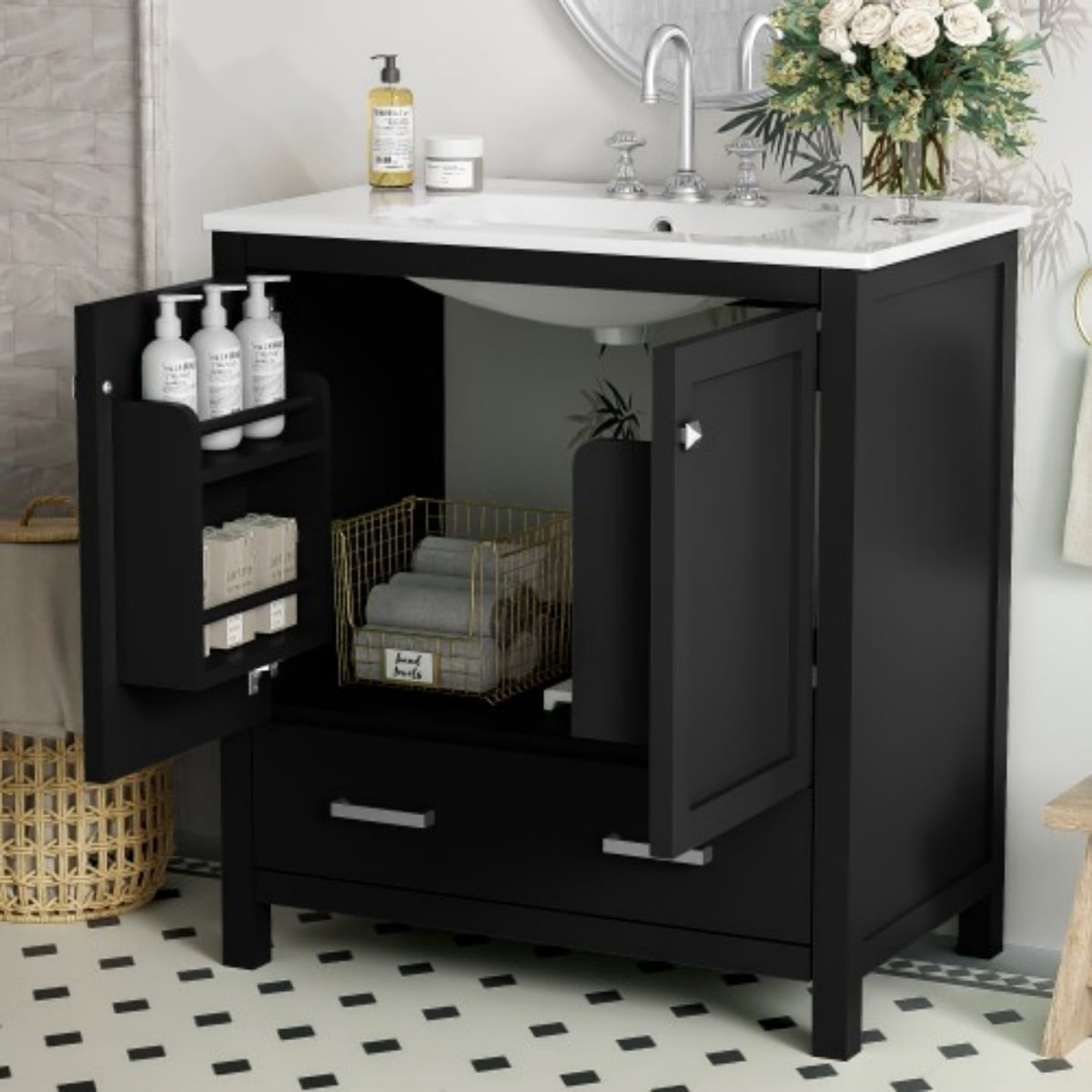 30" Bathroom Vanity with Sink, Modern Bathroom Cabinet with Ceramic Undermount Sink, Solid Wood Frame Storage Cabinet with Soft Close Doors, Drawer Organizer, Black