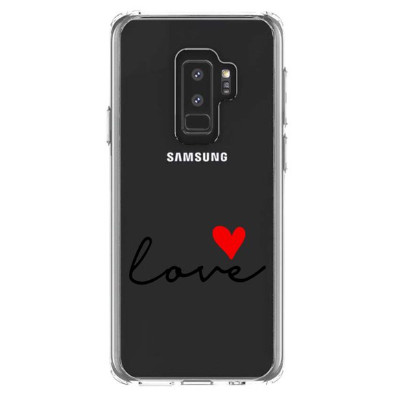 DistinctInk Clear Shockproof Hybrid Case for Samsung Galaxy S9  PLUS (6.2" Screen) - TPU Bumper Acrylic Back Tempered Glass Screen Protector - Love Heart Black & Red