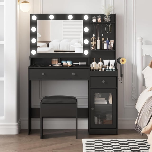 Tocador de Maquillaje Grande con Cubierta Transparente, 2 Cajones, Armario, Estación de Carga y Banco Acolchado, Madera de Ingeniería, Negro, 101x40x136 cm