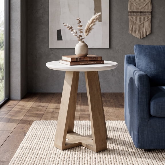 Fnova 19.68‑Inch Round Side End Table, Angled Multi‑Plank Wooden Base Side Table, for Living Room, Bedroom