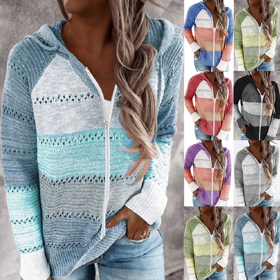 Danhjin Sweater Cardigans for Women Knitted Hooded Long Sleeve Zip up Jackets Fall Winter Casual Comfy Stretchy Loose Color Block Outerwear