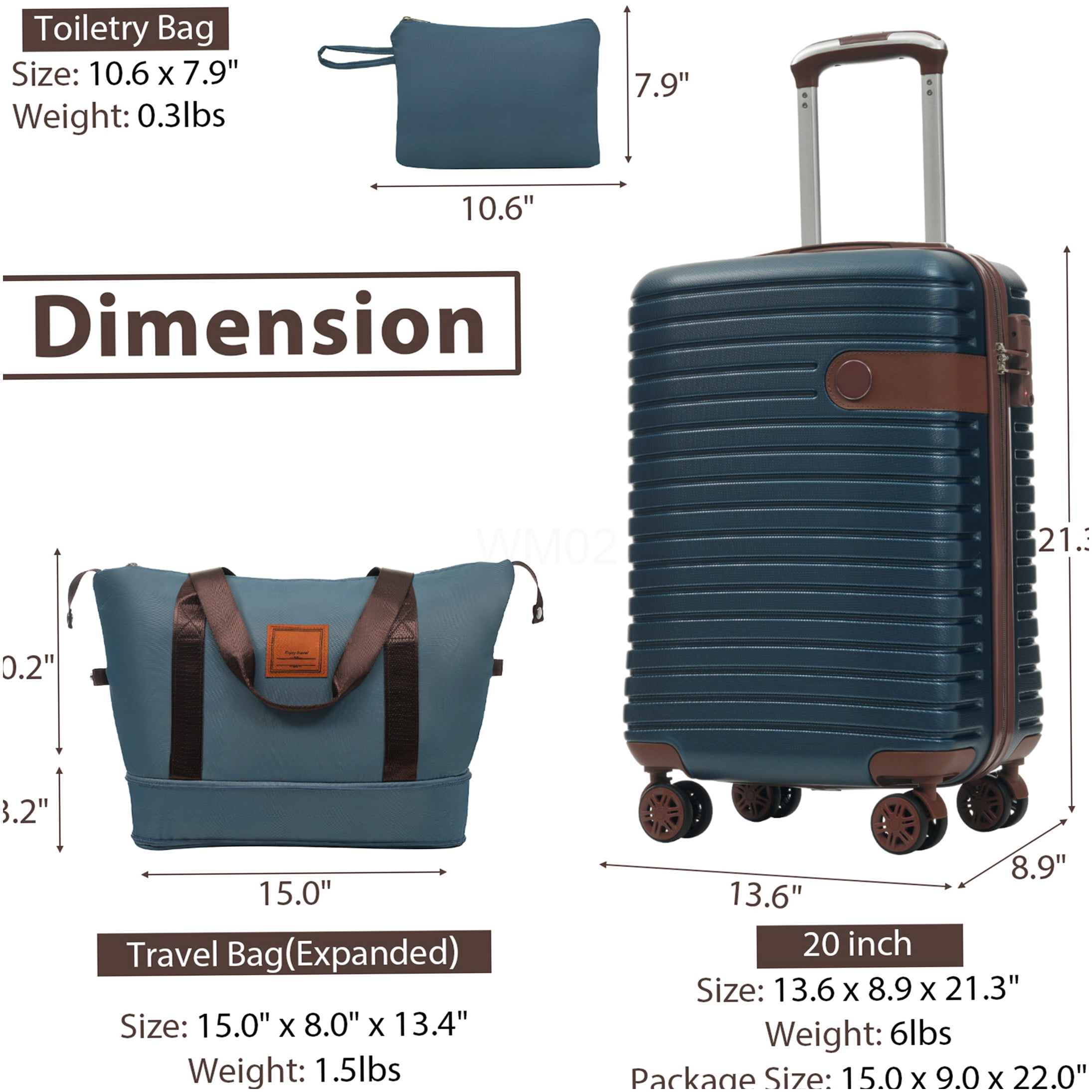 3 Piece Ink Blue ABS Hardshell Luggage Set with Spinner Wheels, TSA Lock, and Weekender Bag