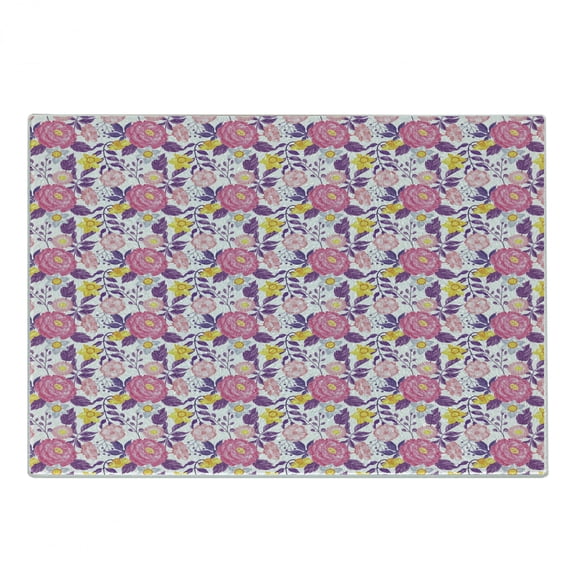 Garden Art Cutting Board, Pattern with Different Blooming Flowers Delicate Beauty of the Nature Theme, Decorative Tempered Glass Cutting and Serving Board, Small Size, Multicolor, by Ambesonne