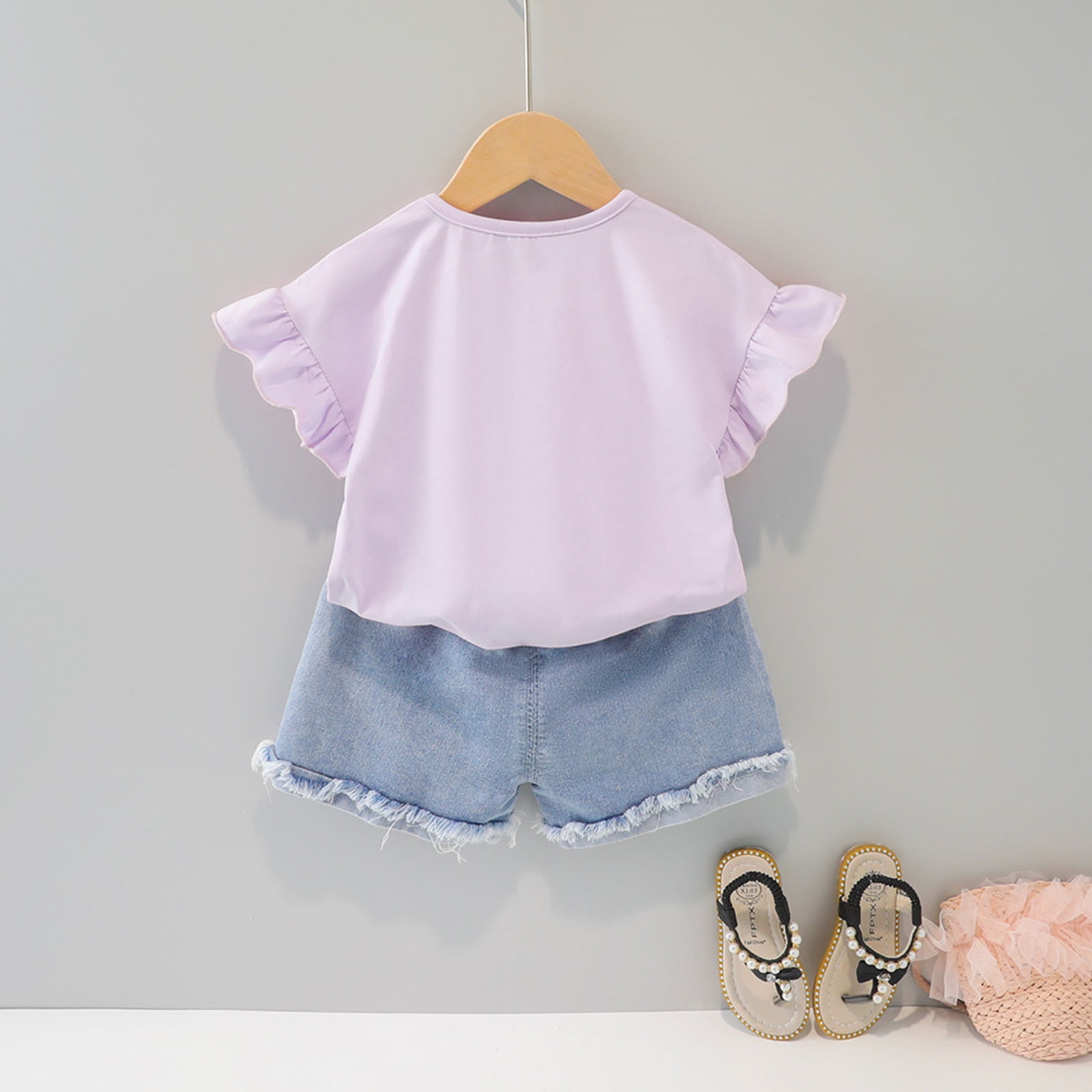 Utlike Girls 2 Pcs Outfits Set Toddler Summer Flying Sleeves Easter Cute Bunny Bow Applique T-Shirts Tops Denim Shorts Set Girl'S Cheap Clothing Set Size 2-3 Years