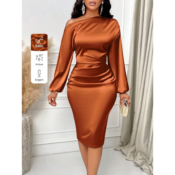 Mocha Brown Off-Shoulder Ruched Satin Bodycon Midi Dress With Long Sleeves